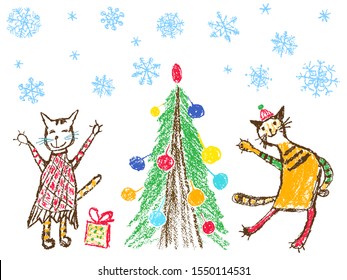 Like child hand drawing christmas tree and funny boy and girl tabby cats. Crayon, pastel chalk or pencil artistic stroke doodle smiling dancing kitten. Vector snow background simple style.