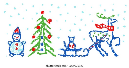 Like Child Hand Drawing Christmas Set. Snowman, Deer, Tree, Snow Cartoon Clip Art. Crayon, Pastel Chalk, Pencil Kid Painting Flat Funny Doodle Simple Stroke. Vector Collection