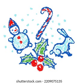 Like Child Hand Drawing Christmas Set. Snowman, Candy, Rabbit, Bunny, Snow Cartoon Clip Art. Crayon, Pastel Chalk, Pencil Kid Painting Flat Funny Doodle Simple Stroke. Vector Collection