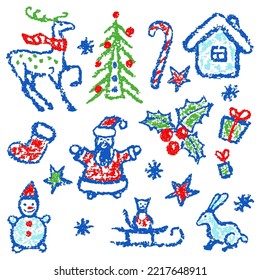 Like child hand drawing christmas set  Snowman  tree  deer  gift box  snow  santa  hut cartoon clip art  Crayon  pastel chalk  pencil kid painting flat funny doodle simple stroke  Vector collection