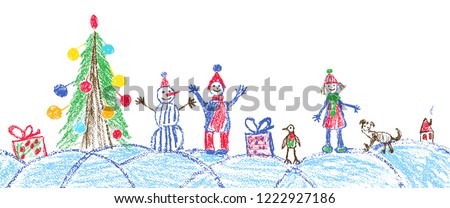 Like child hand drawing christmas space plaza. Crayon, pastel chalk or pencil hand drawing funny sketch doodle tree, ball, snowman, kid, boy, girl, gift box, snow, hut. Vector background area style. ストックフォト © 