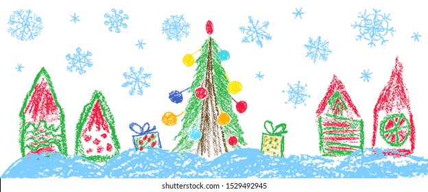Like child hand drawing crayon christmas house border  Pastel chalk pencil funny sketch doodle tree  hut  ball  gift box  snow  falling snowflakes  Vector background simple bright kids style 