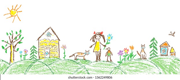 Like child hand drawing summer garden village. Crayon, pastel chalk or pencil simple funny sketch doodle girl, house, cat, kid, tree, flower, meadow, hut. Vector seamless border copy space background