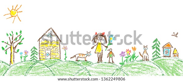 Like child hand drawing summer garden village.\
Crayon, pastel chalk or pencil simple funny sketch doodle girl,\
house, cat, kid, tree, flower, meadow, hut. Vector seamless border\
copy space background