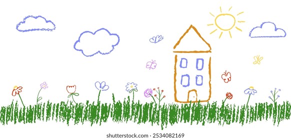 Like children's crayon, pastel chalk or pencil drawing grass with flowers, house and butterflies. Cute landscape with yellow sun and clouds. Funny insects flying around building. Vector illustration