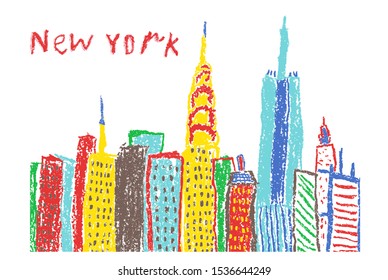 Like Child's Hand Drawing New York City Skyscrapers. Crayon, Pencil Or Pastel Chalk Like Kids Drawn Urban Town Building Vector Banner Background. Funny Doodle Cityscape Bright Painting Style