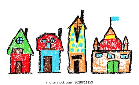 Like child`s hand drawn crayon colorful house set. Pastel chalk or pencil like kid`s hand painting cute country or city building. Vector funny bright doodle art simple stroke style.