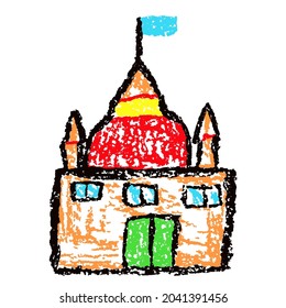 Like child`s hand drawn crayon colorful cute house or fable castle. Pastel chalk or pencil like kid`s hand painting country or city building. Vector cartoon funny bright doodle art simple stroke style