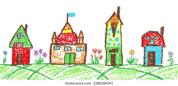 Like child`s hand drawn crayon colorful house set, summer border background. Pastel chalk or pencil kids painting cute country or city building. Vector funny doodle art simple cartoon flat style