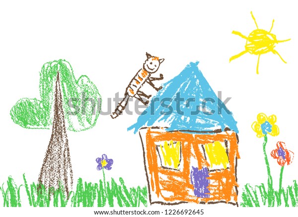 Like child`s hand drawn house, grass, tree, sun,\
colorful flowers and funny cat on roof. Like kid`s crayon, pastel\
chalk or pencil painting spring or summer doodle vector background\
garden banner.