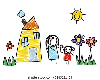 Like child's hand painting cute kid give flower for mother. Happy Mother’s Day. Happy family.