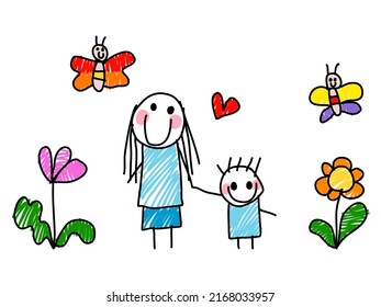 Like child's hand painting Mother and daughter with flower and butterfly.