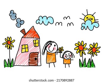 Like child's hand painting Mother and daughter with house, flower, sun and cloud. Colorful illustration.