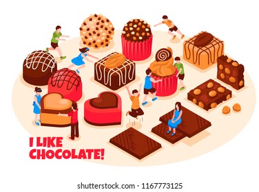 I like chocolate design concept with wide range of chocolate sweets pastry and bars isometric vector illustration