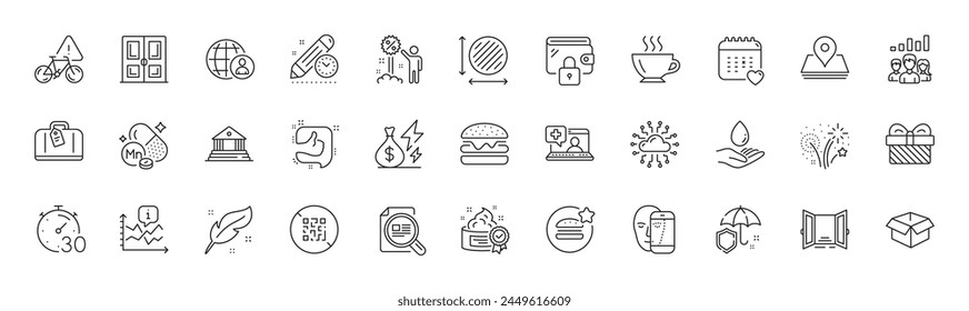 Like, Cloud network and Open door line icons. Pack of Bike attention, Discount, Feather icon. Teamwork results, Hand baggage, Best food pictogram. Umbrella, Circle area, Wallet. Line icons. Vector