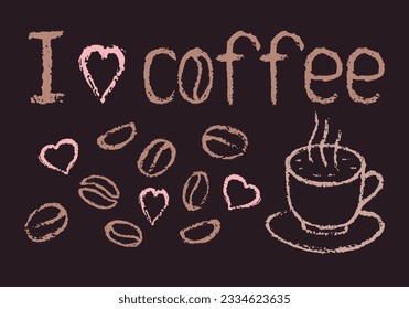 Me gusta el café con textura de tiza, taza de café, frijoles y corazones. Cada elemento está aislado. Agradable para el menú del restaurante, cafetería, tapicería, fondo u otros usos. Ilustración vectorial.