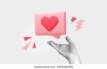 Like collage concepts. Halftone hand holding 3d speech bubble with heart. Flash graphics. Social media, internet notification, blogging addiction banner. Vector illustration. Giving love metaphor