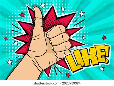 Como. Cómic banner brillante con mano arriba. Explosión y estrellas al estilo del arte pop. Plantilla para diseño web, banners, tarjetas, cupones, carteles. Ilustración del vector