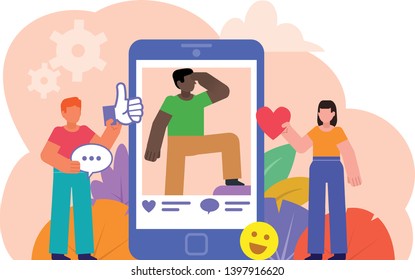 Like, comment, activity in social media applications. Poster for social media, presentation, web page, banner. Flat design vector illustration