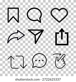Like, comment , book mark, share, forward, love heart icon vector illustration, Social media flat icon , Set of generic social media user interface icons isolated. line icons vector on transparent background.