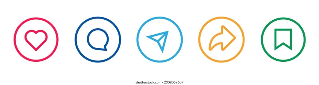 Like, comment, direct message, share and save buttons. Social media button signs or icons. Vector set.