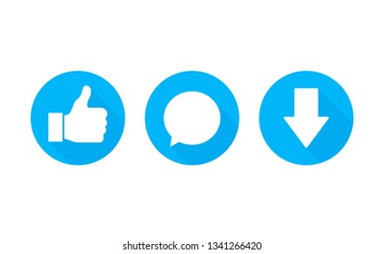 Like, comment and download icon set on a white background. Modern flat style vector illustration.
