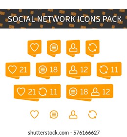 Like, comment, follow and repost. Social network icons pack isolated on white background. Notification Tooltip with heart, user, speech bubble, counter. Modern Orange social network icons pack. EPS 10