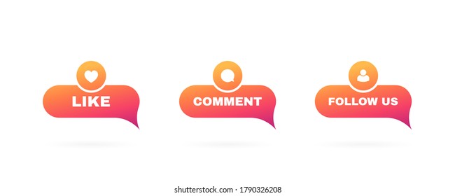 Like, comment and follow us label set on a white background. Modern flat style vector illustration.