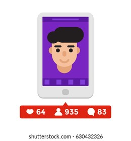 Like, comment and follower icons with mobile application. Counter notification. Icon for social network, internet, web, mobile, app. Trendy modern like. Vector flat illustration