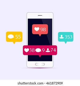 Like, comment, follower icons set. Social media buttons on smartphone display. Notification  concept. Isolated vector illustration.