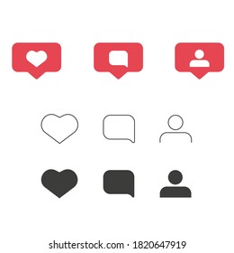 Like, comment, follower isometric icon, social media instagram notification button, gradient shape