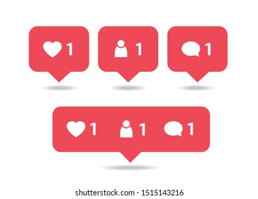 Like, Comment and Follower red flat icon vector. Social media. Notification Icons Set.
