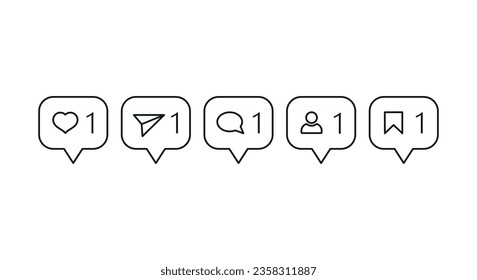 Como, comentar, seguir, compartir y guardar la ilustración vectorial de icono. Los medios sociales están en un contexto aislado. Concepto de signo de notificación.