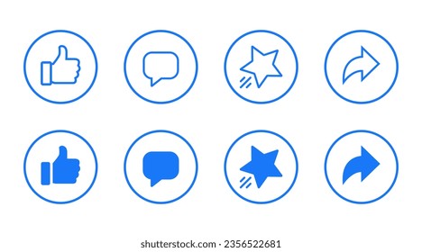 Like, comment, give star, and share icon in circle line. Social media post sign symbol