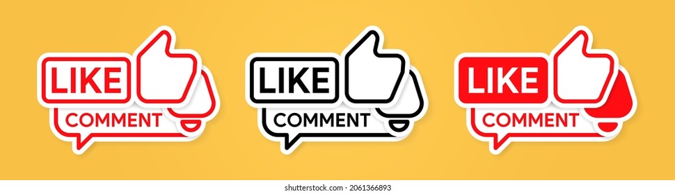 Como, icono de comentario y notificación. Los medios sociales llaman a la acción para vlog. Thumbs up y el logo de la campana para el video blog. Empujar a los seguidores para que reaccionen. Firma de suscripción. Ilustración vectorial.
