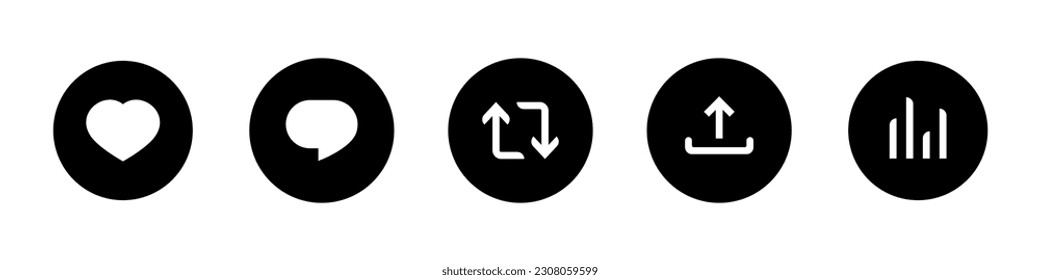 Como, comentar, republicar, compartir, iconos de botón de estadísticas en medios sociales. Botones de interacción en medios sociales. Conjunto de iconos del vector.