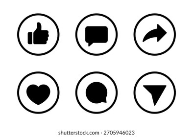 Like, comment, and share arrow icon in circular outline. Love, speech bubble, and send symbol