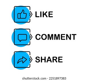 Like, comment and share buttons. Set of icon buttons for social media and channel. Vector Illustration.