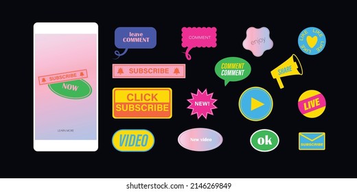 Like, Comment, Share, Click Subscribe Button. Icon Set Of Channel Subscriptions. Vector Simple Geometric 90s Background Template Icons With Text For Youtube, Instagram Social Media