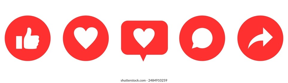 Like, comment, share icon buttons and Thumbs up and love heart flat icon in modern circle and speech bubble shapes , Social 