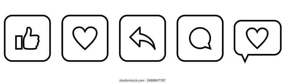 Wie, kommentieren, Icon-Buttone und Daumen hoch und lieben Herz flach Schwarz Linie Kunst-Icon in modernen Sprechblasen-Formens, Social Media-Benachrichtigung-Icons. Vektorillustration.