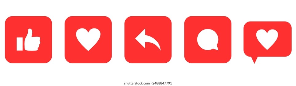 Me gusta, comenta, comparte Botones de íconos y Pulgares hacia arriba y ama el ícono plano del corazón en las Formas de burbujas de habla modernas, iconos de notificaciones de medios sociales. Ilustración vectorial.