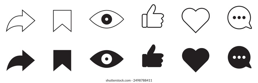 Like, comment, share icon buttons and Thumbs up and love heart flat icon set, Social media notification icons. emoji post reactions.