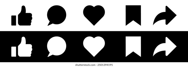 Like, comment, share icon buttons and Thumbs up and love heart flat icon , Social media notification icons. emoji post reactions. Add to favorite icon set . Vector illustration.