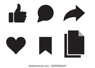 Like, comment, share icon buttons and Thumbs up and love heart flat Black line art icon in modern speech bubble shapes , Social media notification icons. emoji post reactions set. Vector illustration.