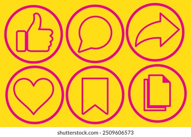 Like, comment, share icon buttons and Thumbs up and love heart flat Black line art icon in modern speech bubble shapes , Social media notification icons. emoji post reactions set. Vector illustration.