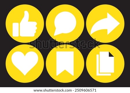 Like, comment, share icon buttons and Thumbs up and love heart flat Black line art icon in modern speech bubble shapes , Social media notification icons. emoji post reactions set. Vector illustration.