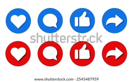 Like, comment, and share icon buttons, along with thumbs up and heart icons in modern circular shapes. Social media notification icons and emoji reactions set. Vector illustration