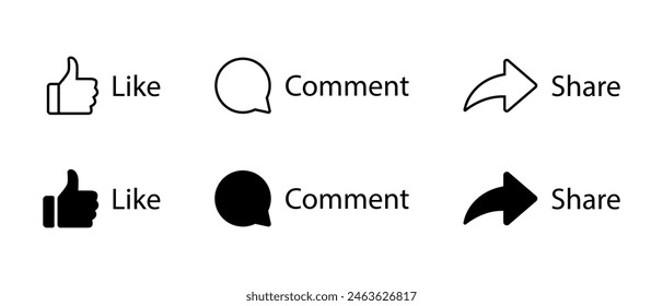 Like, comment, and share icon in generic style. Social media communication post elements