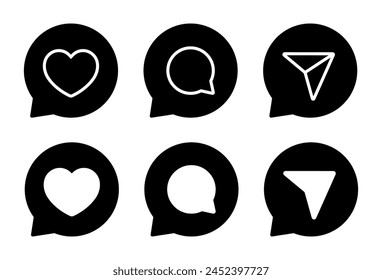 Like, comment, and share icon on speech bubbles. Social media elements